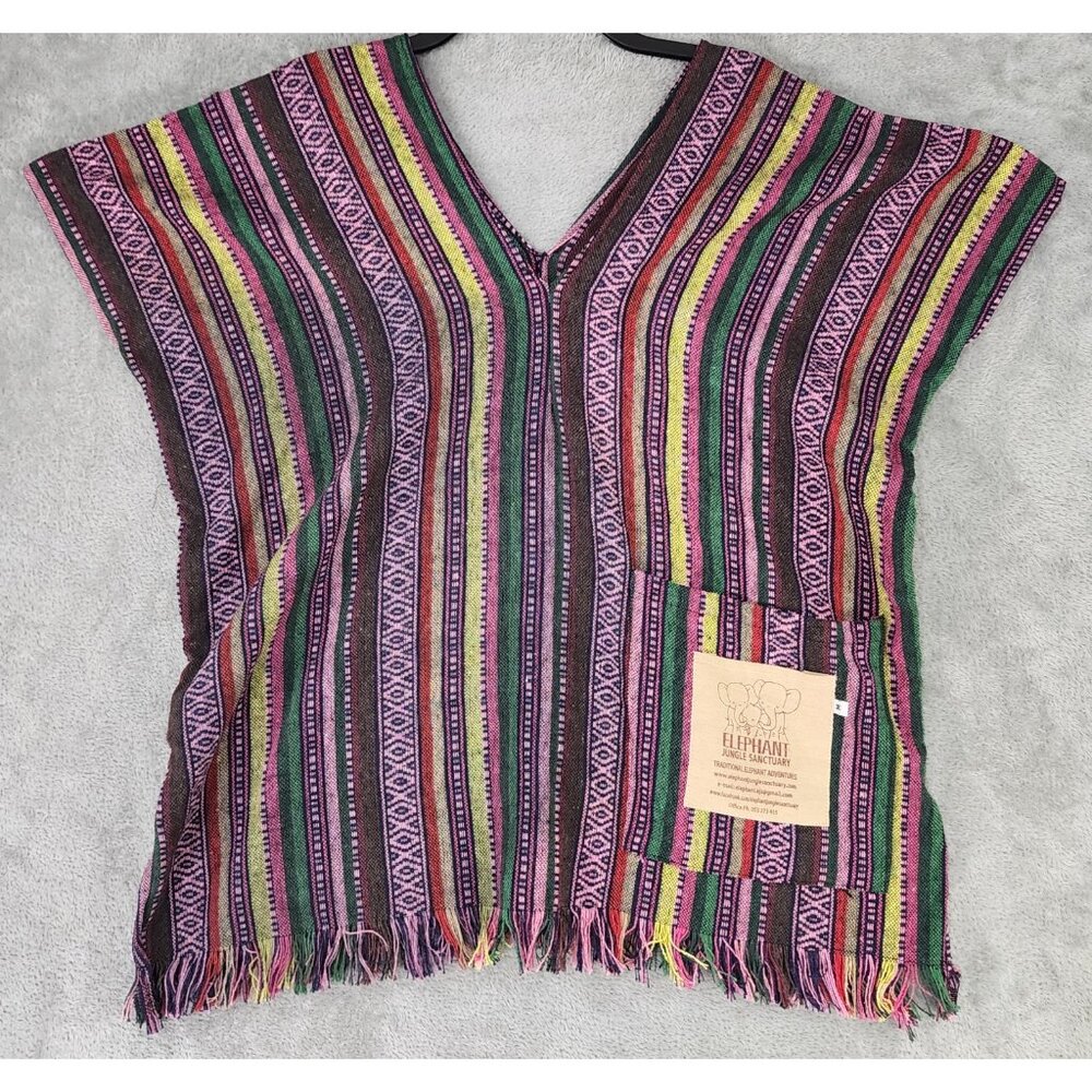 Elephant Jungle Sanctuary Poncho Womens Medium Multicolor Boho Hippie Pullover
